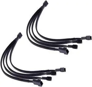PWM Fan Splitter Cable 4 Pin Black Sleeved Case Fan Splitter Cable 1 to 4 Converter Braided Y Splitter Computer PC Fan Extension Power Cable 10.5 Inches 2 Pack