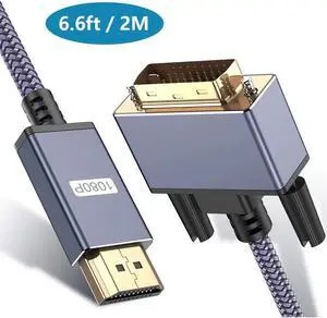 HDMI to DVI Cable, DVI to HDMI Adapter Cable 6.6ft / 2M, High Speed Bi-Directional Nylon Braided HDMI Male to DVI-D 24+1 Male Cord Support 1080P Full HD Compatible with Roku,PS3/4, Blu-ray,Laptop