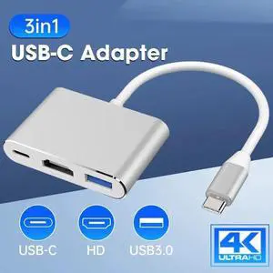 USB-C To HDMI 3 in 1 Cable Converter USB 3.1 Type C To HDMI 4K USB 3.0 USB 3.2 Adapter Cable Silver