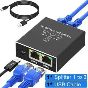 RJ45 Ethernet Splitter 1 to 3 Out, 1000Mbps Network Splitter with USB Power Cable, Gigabit LAN Internet Splitter Connector for Cat 5/5e/6/7/8, Support Two Devices Working Simultaneously