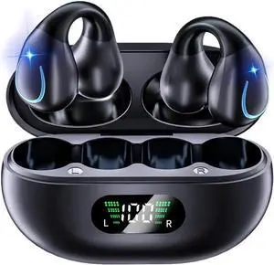 Open Ear Bone Conduction Headphones, Clip On Wireless Earbuds with Digital Display Charging Case 60 Hours Playtime Bluetooth 5.3 Sport Earphones Built-in Mic IPX7 Waterproof for Running Fitness