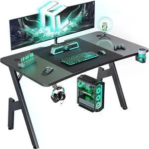 40 Inch Gaming Desk, Large Computer Gaming Desk Table with Cable Management, Ergonomic Carbon Fiber Gamer Table Pc Work Home Office Desks with Cup Holder & Headphone Hook & Mouse Pad, Black