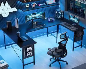 71 Inch Large Computer Desk with Power Outlets,U Shaped Corner Desk for Home Office Work and Gaming Black