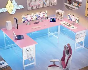 71 Inch Large Computer Desk with Power Outlets,U Shaped Corner Desk for Home Office Work and Gaming Pink