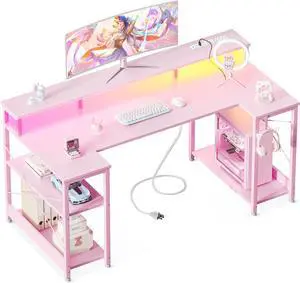 ODK 48 Inch Gaming Desk with LED Lights and Power Outlet, U-Shaped Computer Desk with Monitor Stand and Storage Shelves, PC Gamer Table for Home Office, Carbon Fiber Pink