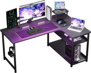 L Shaped Gaming Desk, Carbon Fiber Style Computer Desk with Monitor Shelf and Hook, Black Small L Shape Desk with Adjustable Open Storage Shelf, Corner PC Table for Small Space Home Office