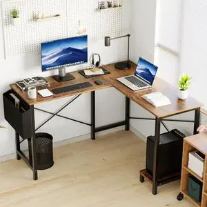 L Shaped Computer Desk 50 Inch Corner Gaming Desk, Home Office Writing PC Workstation with CPU Storage Shelf & Side Pocket, Wooden Tabletop & Metal Frame (Black/Rustic/Grey/White) Rustic