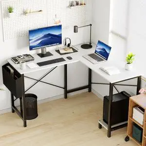L Shaped Computer Desk 50 Inch Corner Gaming Desk, Home Office Writing PC Workstation with CPU Storage Shelf & Side Pocket, Wooden Tabletop & Metal Frame (Black/Rustic/Grey/White) White
