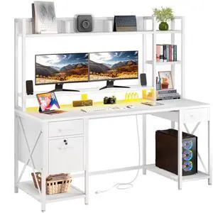 59-inch computer desk with storage cabinet and LED lights, gaming table with power socket, home office desk,  White