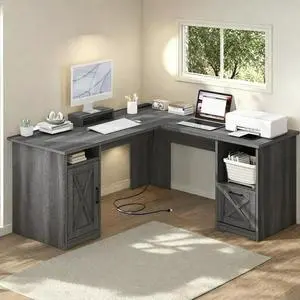 59" L Shaped Desk with Power Outlets,Large Computer Desk with Drawers, Home Office Desk,Gray
