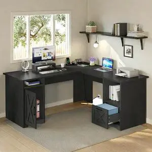 59" L Shaped Desk with Power Outlets,Large Computer Desk with Drawers, Home Office Desk, Black