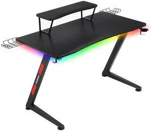 GTRACING Ergonomic Curved 3-Sided LED Z-Leg Gaming Desk, Black