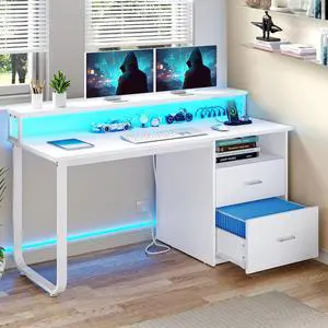 Dextrus 55" Computer Desk with Storage Drawers & LED Light, Office Desk with Monitor Stand & Power Outlets, Work Study PC Desk for Small Spaces, Home Office, White