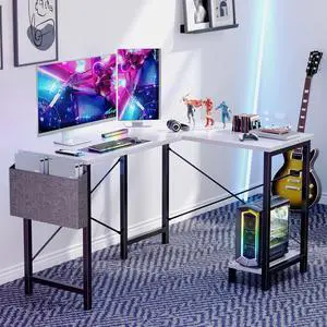 GIANNA L Shaped Gaming Desk with Wooden Desktop CPU Stand Side Bag Reversible for Home Office Small , White