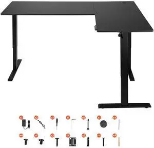 KFFKFF L-Shaped Desk with Adjustable Height, Corner Gaming Table Featuring Dual Hooks, Durable Carbon Steel Frame with Integrated Power Outlets for Home or Office Use, Simple Assembly, Black