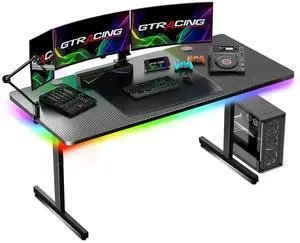 GTRACING 55" Large RGB Sturdy Gaming Desk with Mouse Pad T-Shaped Office Chair Computer Desk Spacious Work Surface Table, Black