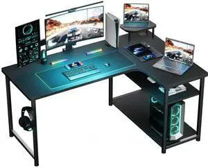 GTRACING 47.2 in Gaming Desk with Drawers, Carbon Fiber Style L Shaped Computer Desk Compatible with Monitor Arm Corner Desk Gaming Table for Home Office Desks, Adjustable Shelf Height