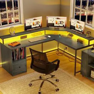 Dextrus 67 inch L Shaped Desk with LED Light and Power Outlets, Computer Desk with Drawer & 3 Cubbies Storage Shelves, Corner Gaming Desk, Gray