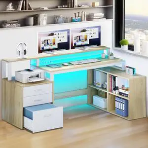 Dextrus 65" L Shaped Desk with Power Outlets and Monitor Stand , Computer Desk with LED Light &File Cabinet, Corner Desk with 3 Drawers & 4 Open Storage Shelves, Modern Home Office Desk, Oak