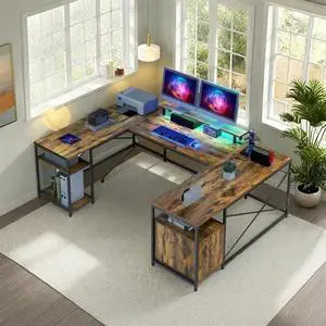 Uforic U Shaped Computer Desk with Power Outlets and LED Lights, Reversible L Shape Desk for Home Office, Brown