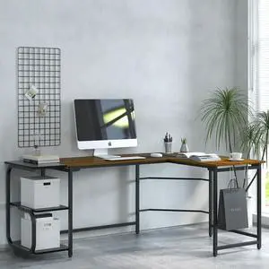 Yoneston Large 70" L-Shape Computer Desk with 2 Bookshelf Storage and Hooks, Home Office Workstation Table Furniture - Brown Teak