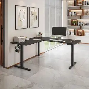 63 W L-Shaped Electric Standing Desk with Spacious Desktop, 3 Memory Height Presets and 2 Accessory Hooks, Black