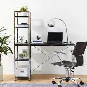 Modern Wooden Computer Desk with 5 Shelves, Gaming Desk with Storage, Suitable for Offices and Homes,Black and Chrome