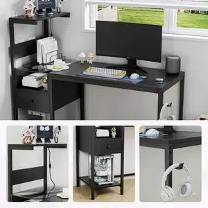 DEALTOPS Computer Desk with LED Lights, Gaming Desk with Reversible Shelves and Charging Station, Black