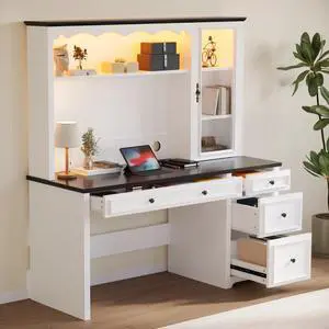 Uforic Farmhouse 51" Computer Desk with Hutch, Executive Desk with LED Lights &Storage Cabinet, White