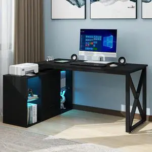 Dextrus L Shaped Desk with LED Light & Power Outlets, 55 inch Reversible Corner Desk with File Cabinet & Storage Shelves, Computer Desk Office Desk Writing Desk, Black