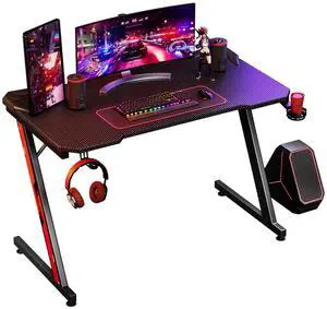 Lacoo Z-Shape 44 inches Gaming Computer Desk Racing Style Office Desk Carbon Fiber Surface with Cup Holder and Headphone Hook, Black