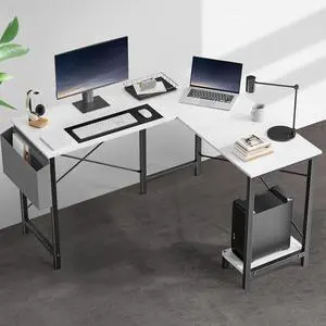 GIANNA L Shaped Computer Desk with Wooden Desktop CPU Stand Side Bag Reversible, White