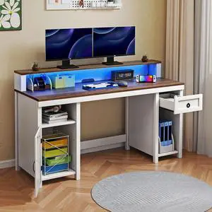 Uforic Office Computer Desk with LED Lights & Storage Shelves, Gaming Desk with Drawer & Door, White