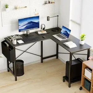 L Shaped Computer Desk 50 Inch Corner Gaming Desk, Home Office Writing PC Workstation with CPU Storage Shelf & Side Pocket, Wooden Tabletop & Metal Frame (Black/Rustic/Grey/White)