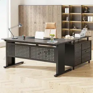 MAYEERTY Industrial L-Shaped Desk, 63" Computer Executive Desk with File Cabinet