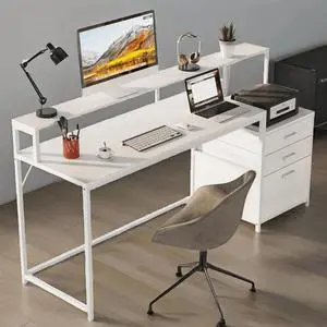 Ergonomic Computer Desk with File Cabinet - 62.99" Monitor Stand, 45W×19.68D Desktop, 2 Drawers - for Home Office, Study & Gaming