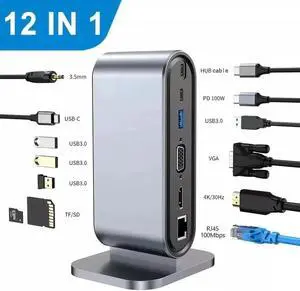 DIXSG 12 Ports USB C Docking Station - 12-in-1 USB C Hub Dock Laptop Display Docking Station Universal Port with 4K HDMI Monitor,100W PD,Ethernet,VGA,Audio,SD/TF,USB 3.0 Adapter for Mac Computer