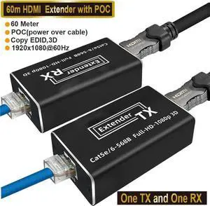 DIXSG 196FT/60m HDMI Extender with IR & Loop Out 1080P HDMI Extender No Loss RJ45 to HDMI Extender Transmitter Receiver over Cat5e/Cat6