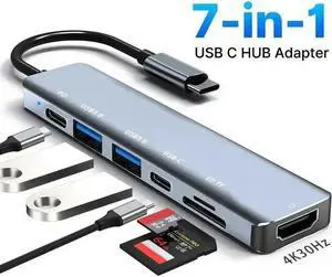 DIXSG USB C Hub HDMI Adapter SD/TF Card Reader 7-in-1 USB-C Multiport 2*USB 3.0, Type C 100W PD Charging, USBC Adaptator Dongle Dock Converter for Apple Macbook Pro, USB-C Laptop Computer