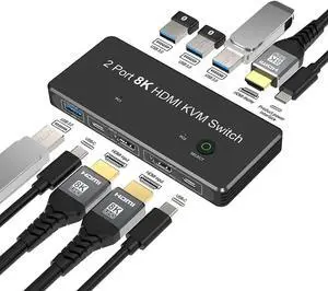 DIXSG 2 Port 8K HDMI KVM Switch 2 in 1 Out 8K@60Hz 4K@120Hz 2 PC to 1 Monitor with 4 USB 3.0 Ports for Sharing Keyboard, Mouse, U Disk