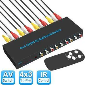 DIXSG RCA AV Switch Splitter Box 4 in 3 out AV Audio Video Signal Composite for HDTV LCD DVD 3 RCA Switcher 4 to 1 Selector