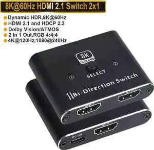 DIXSG HDMI 2.1 Switch, 8K Bi-Directional HDMI Switcher Splitter Supports 8K@60Hz, 4K@120Hz, 1080P@240Hz Compatible with PS4/PS5 Projectors Monitor Blu-Ray Player Xbox etc