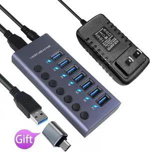 DIXSG Powered USB Hub, Aluminum 7-Port USB 3.0 Hub with 7 USB 3.0 Data Transfer Ports, USB Splitter with Individual Switch and 36W (12V/3A) Power Adapter for Laptop, PC, Computer, Mobile HDD