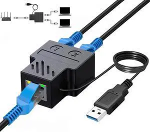 DIXSG RJ45 Network Splitter Adapter, 1 to 2 Dual Female USB to RJ45 Port with USB Power Cable LAN Interface Ethernet Socket Connector 8P8C Extender Plug Go Online Simultaneously for Cat6, Cat7