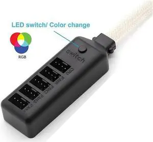 PWM Fan Hub w/ LED RGB Colorful Switch,1 to 5 Sleeved PWM Fan Splitter Hub Adapter Cable for 12V Desktop Computer Cooler Case Fans 4-Pin & 3-Pin - 1.3ft