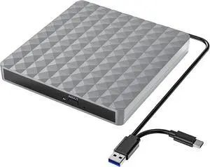 External CD DVD Drive, Portable High-Speed USB-C & USB 3.0 CD/DVD ROM DVD Burner/DVD Reader Writer Optical Drive for PC Desktops, Compatible with Windows/Mac OS X/Linux Silver (Silver Gray)