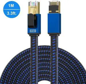 Cat 8 Ethernet Cable 3.3FT / 1M, High Speed Internet Nylon Braided Network Cable RJ45 Connectors SSTP Shielded Flat LAN Cable Cat8 Ethernet Cables 3.3feet for Modem, Router, LAN, Computer
