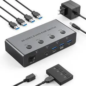 USB 3.0 HDMI KVM Switch 4 Computers 1 Monitor, 8K@60Hz HDMI KVM Switches for 4 Computers Share 1 Monitor, 4 in 1 Out HDMI KVM Switch with 3 USB 3.0 and 1 USB-C Ports Share Keyboard Mouse