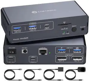 4K@120Hz USB C KVM Switch 2 Monitors 2 Computers Displayport USB 3.2 KVM Switches Dual Monitor 12-in-1 KVM Docking Station for Dual Laptops Share a 1G Ethernet and SD/microSD Card Slots