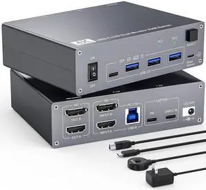 USB C KVM Switch 4K@60Hz, Dual Monitor USB C HDMI KVM Switch for 1 PC and 1 Laptop Sharing 2 Monitors and 4 USB3.0 Devices, PD Power for Laptop with Wired Remote Control and USB Cables Included